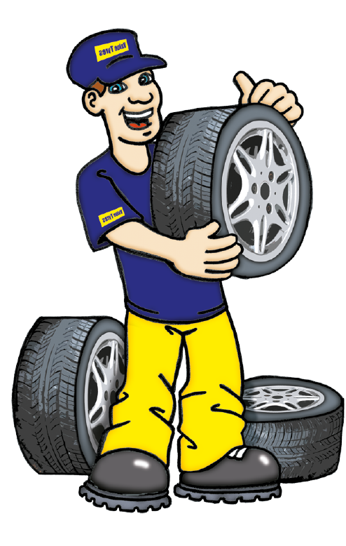 Cartoon mechanic mascot holding a car wheel